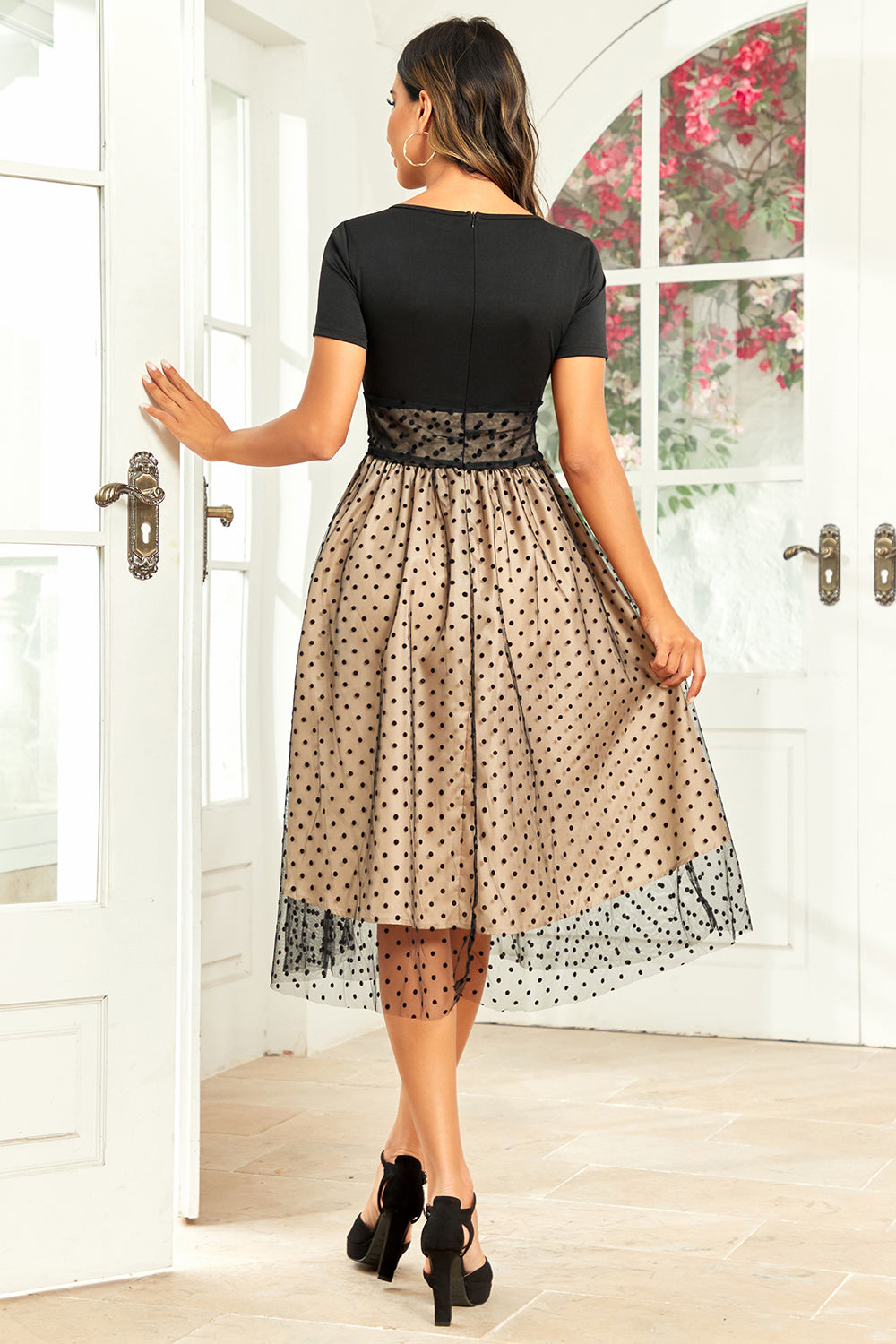 Zwarte Polka Dots Vintage jaren 1950 Jurk