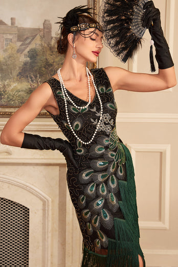 Sprankelende zwarte pailletten omzoomd jaren 1920 Flapper jurk