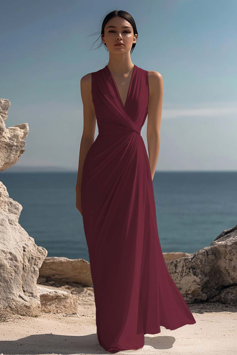 Witte lange formele jurk met V-hals met ruches