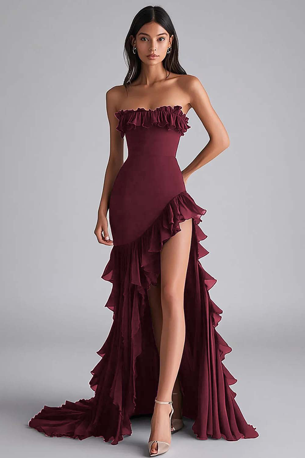 Zwarte zeemeermin strapless gegolfde formele jurk met split