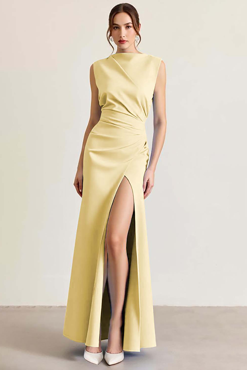 Hemelsblauwe gerimpelde schede formele jurk met split