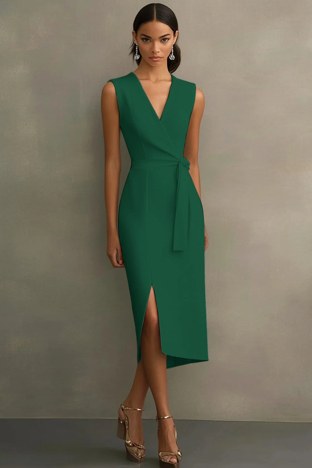 Witte satijnen formele jurk met V-hals en riem