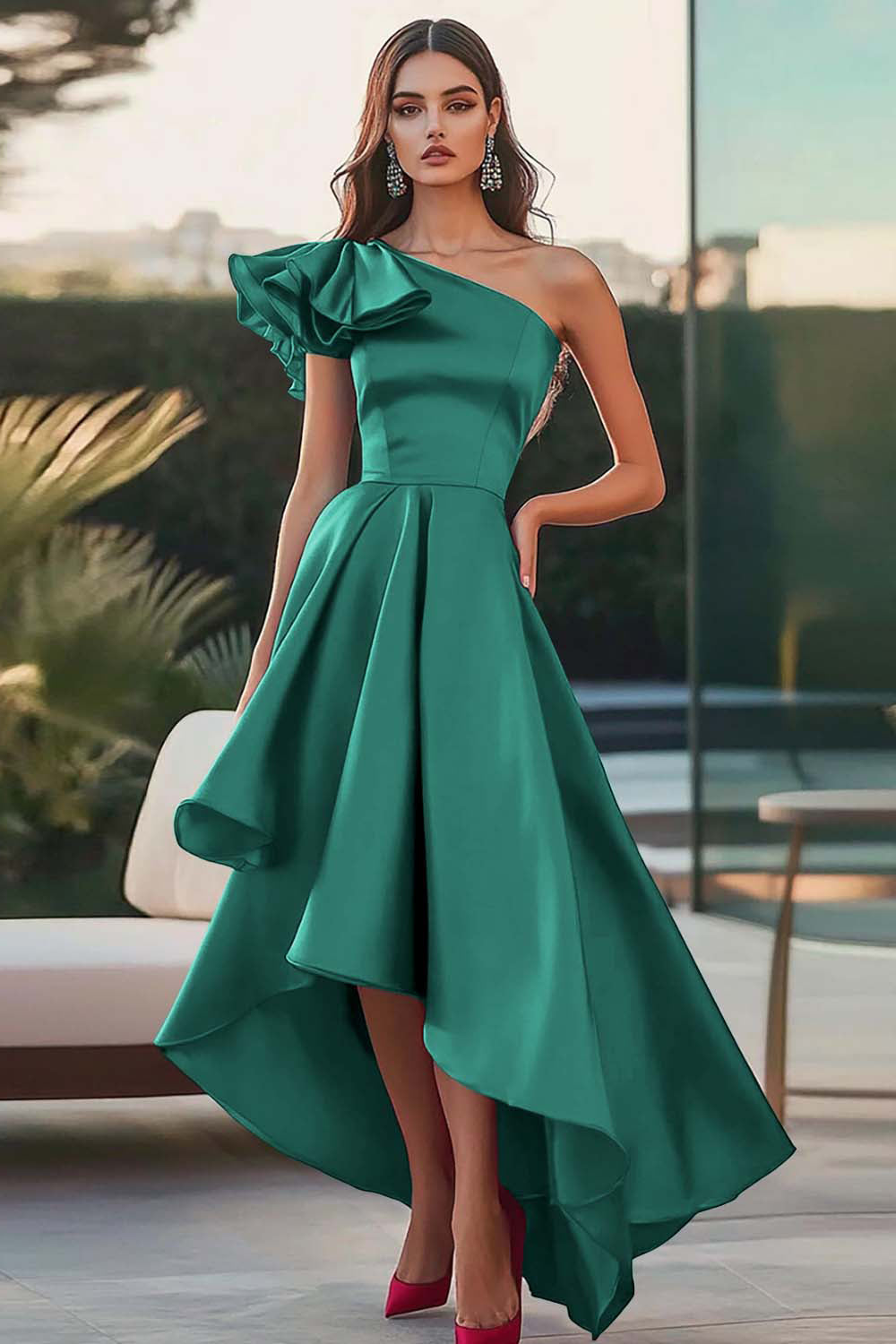 Fuchsia One Shoulder High-Low Satijn A-lijn formele jurk