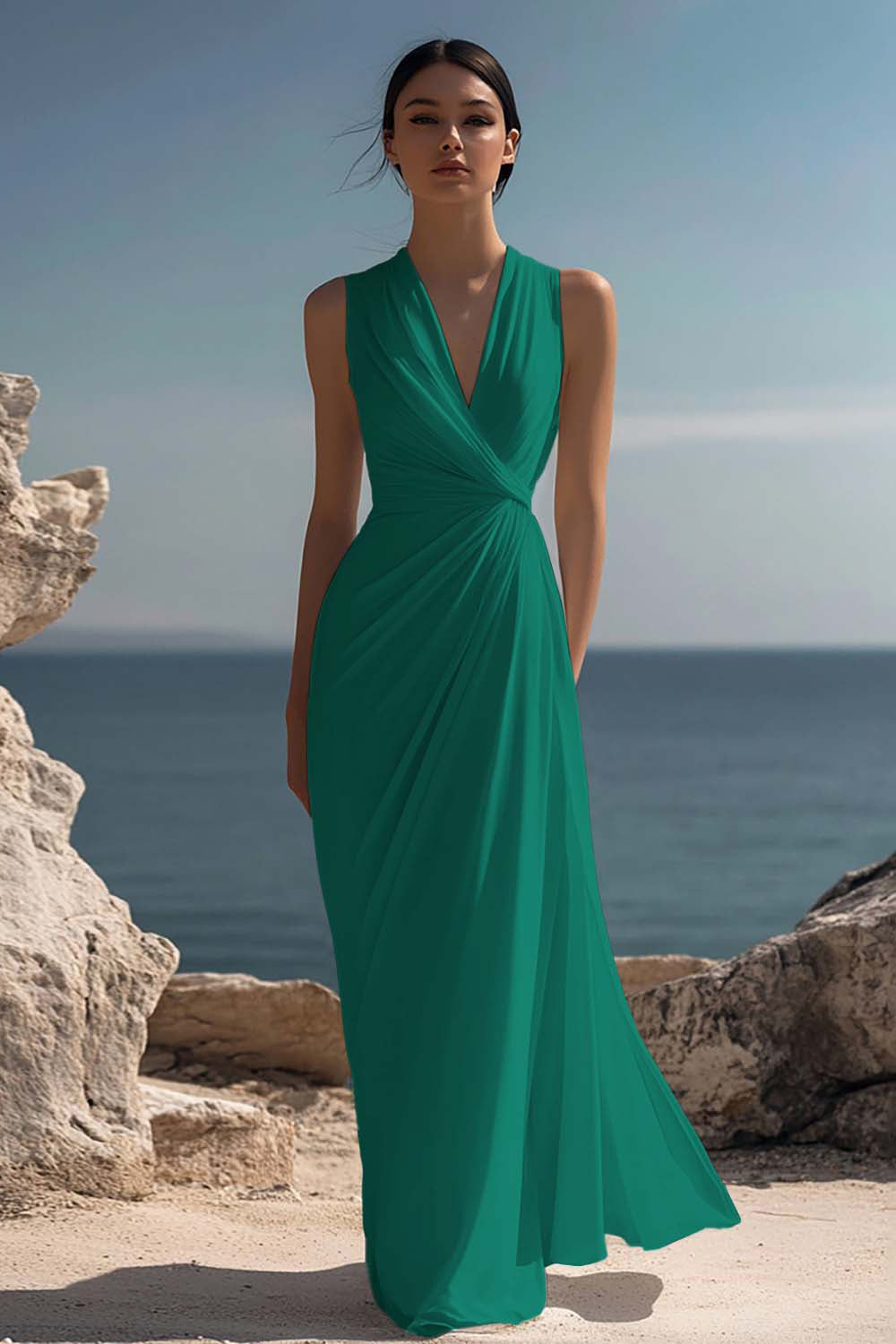 Witte lange formele jurk met V-hals met ruches