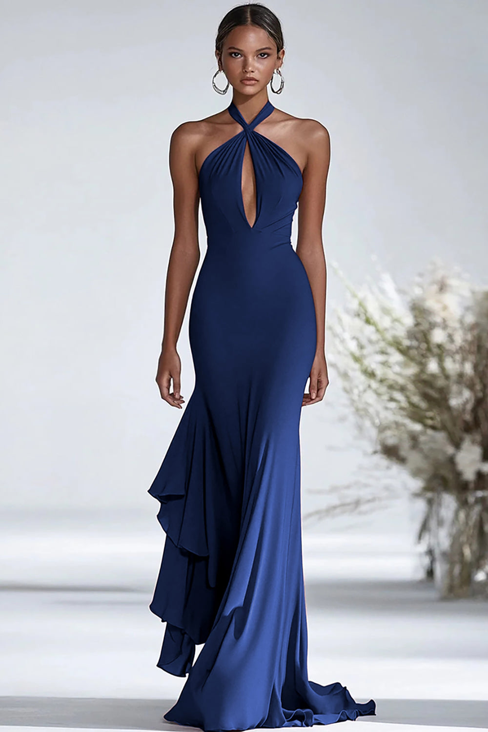 Halter Terracotta Chiffon Ruches Schede Rode Gala Jurk