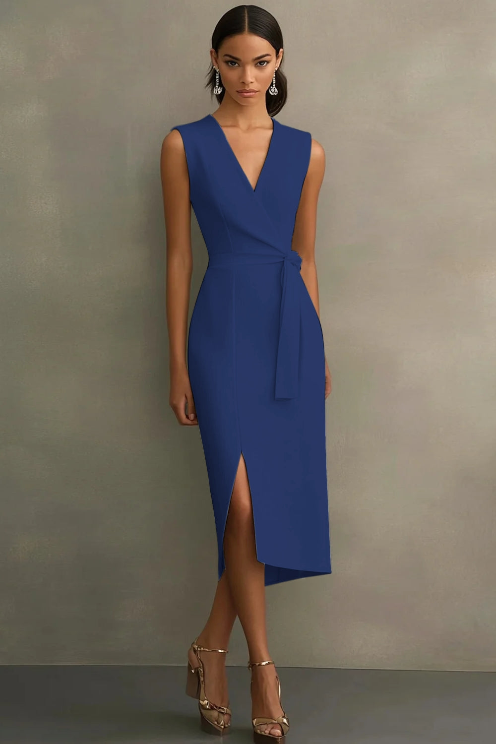 Witte satijnen formele jurk met V-hals en riem