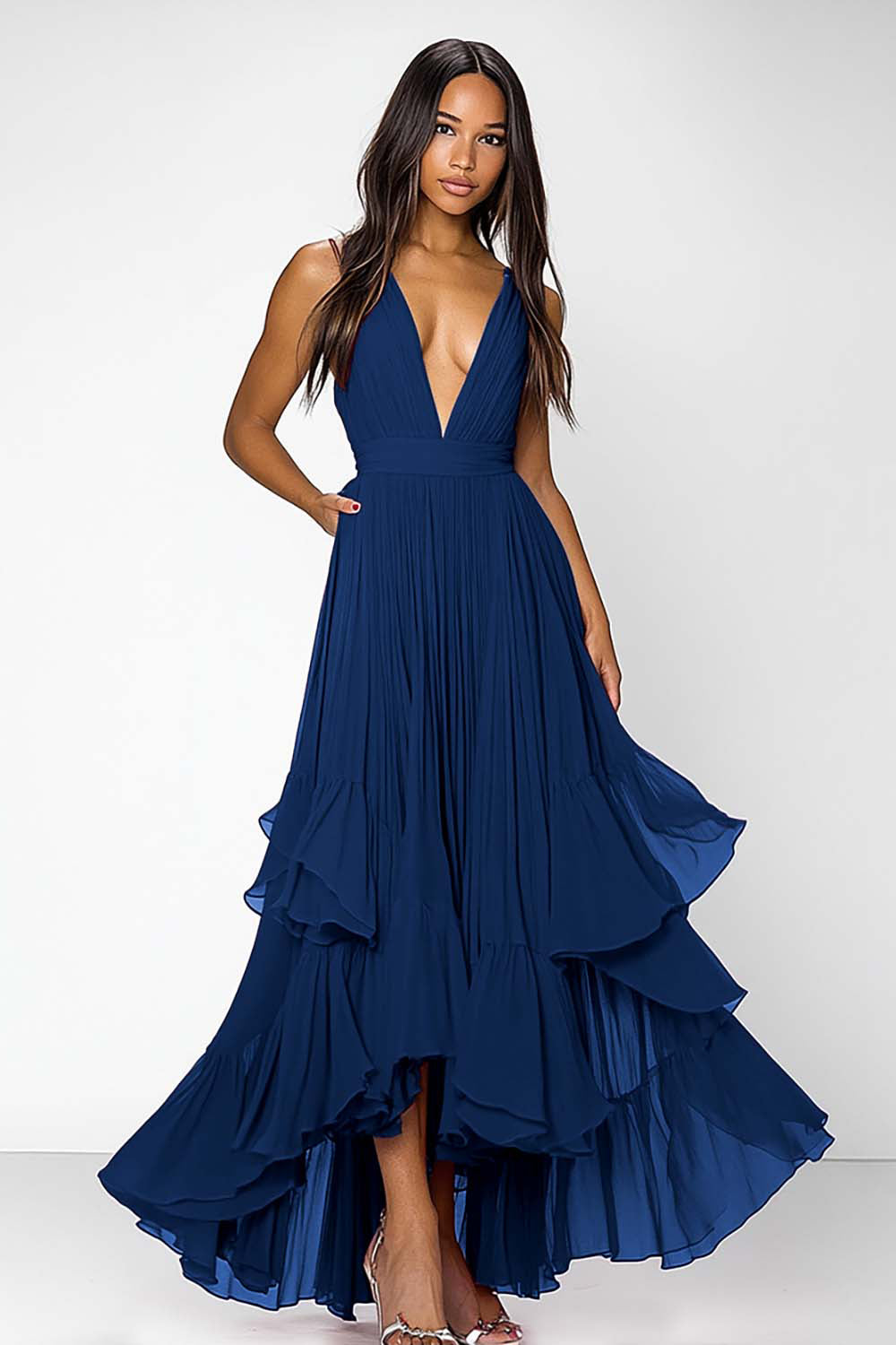 Rode diepe V-hals ruches A Line formele jurk