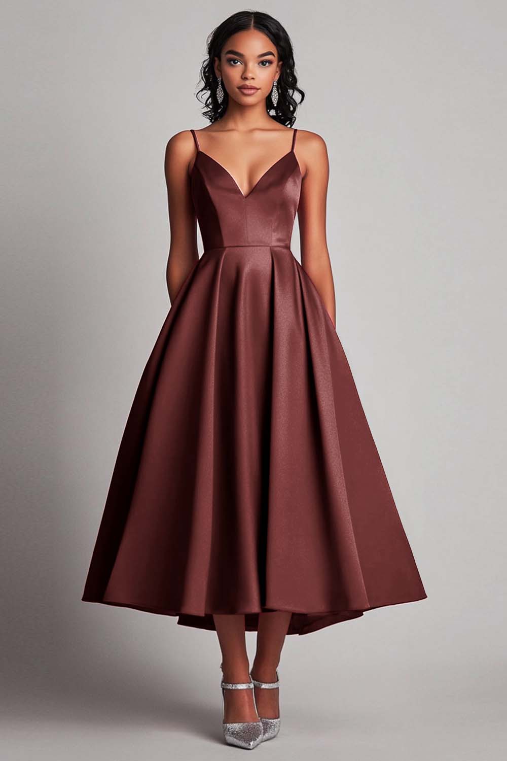 Rood satijn A-lijn thee lengte formele jurk