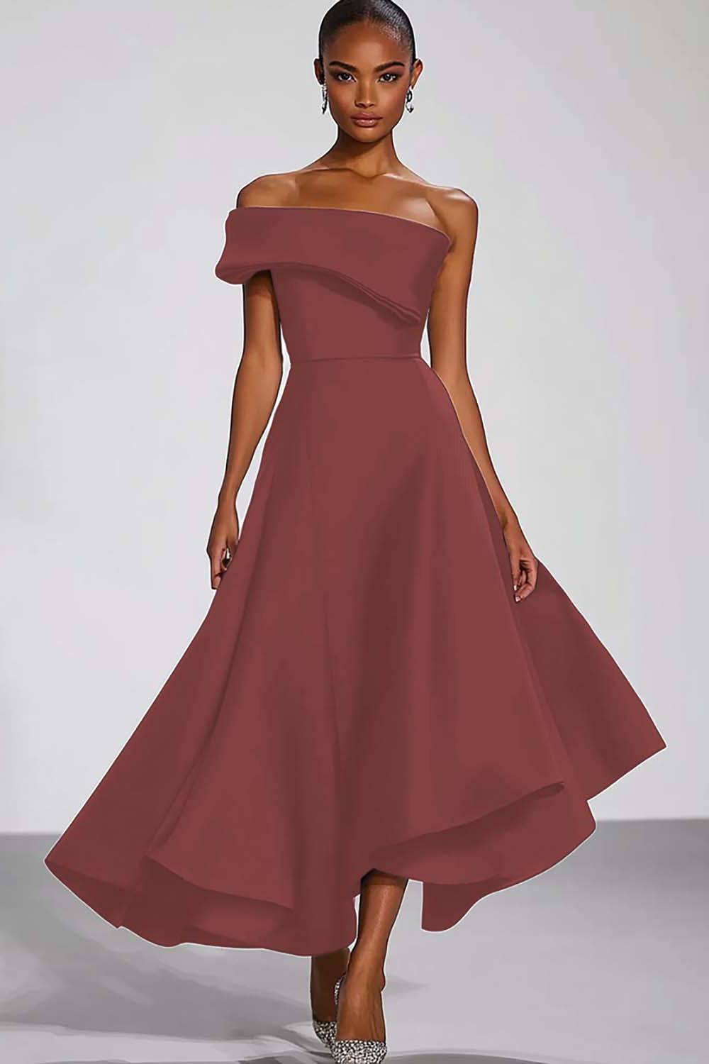 Marineblauwe satijnen formele jurk met één schouder