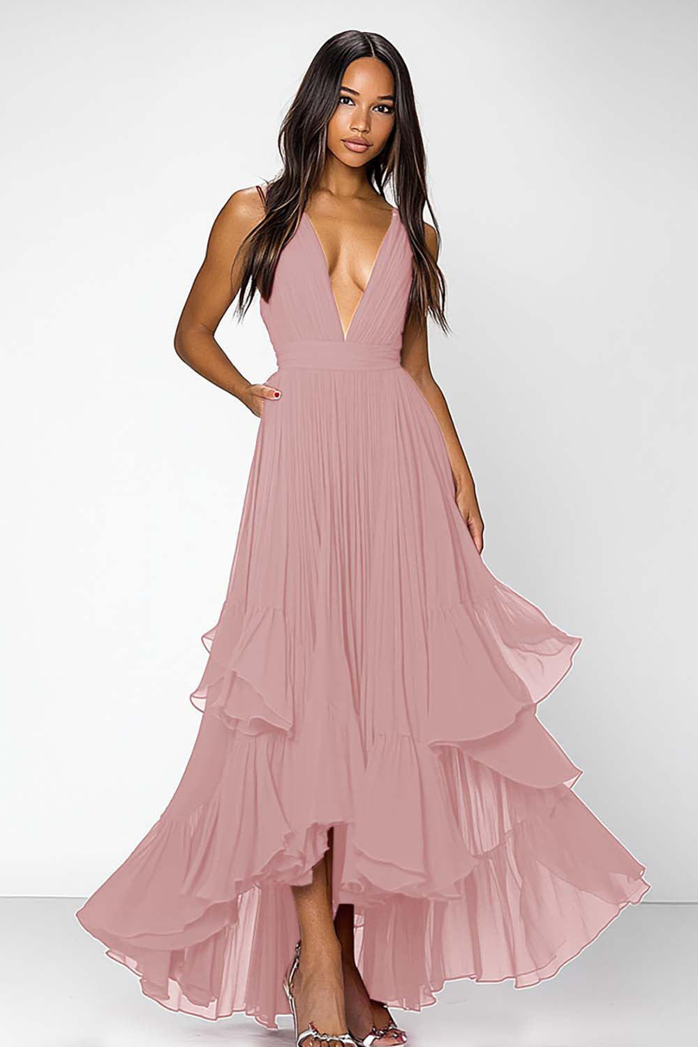 Rode diepe V-hals ruches A Line formele jurk