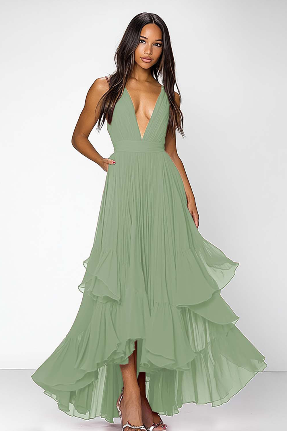 Rode diepe V-hals ruches A Line formele jurk