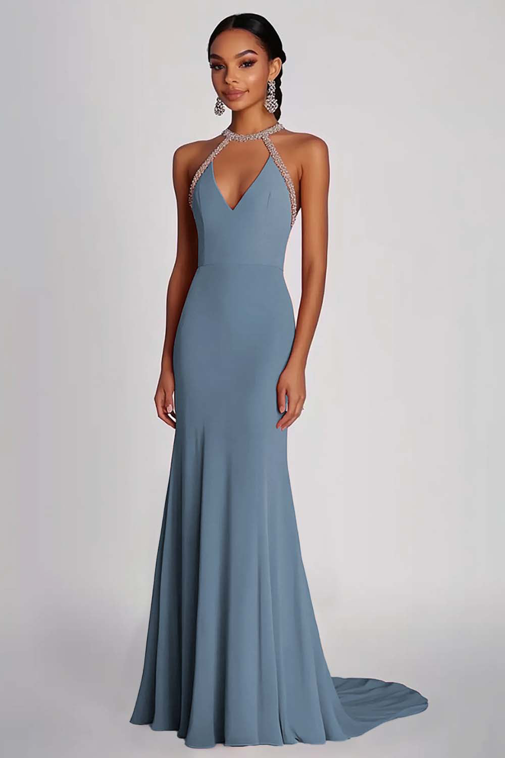 Schede Roze Kralen Halter Lange Chiffon Formele Jurk