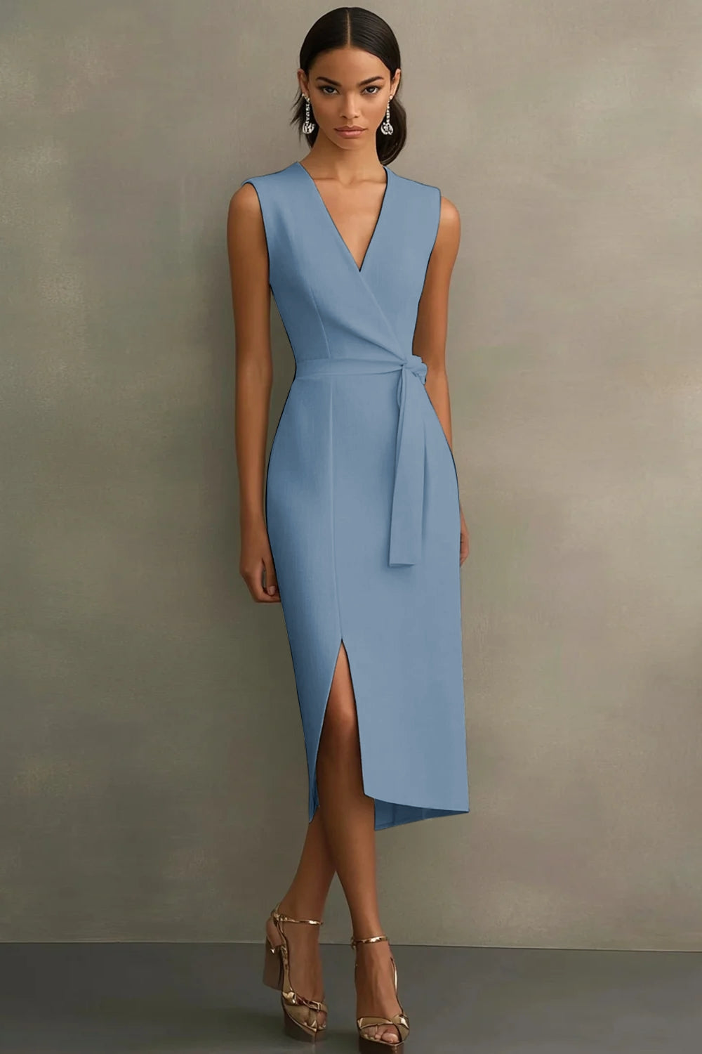 Witte satijnen formele jurk met V-hals en riem