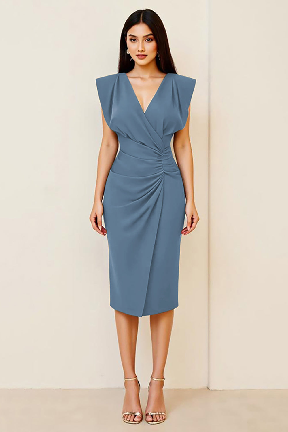 Olijfkleurige bodycon midi-jurk met v-hals met ruches