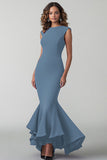 Pruim crêpe zeemeermin formele jurk met ronde hals