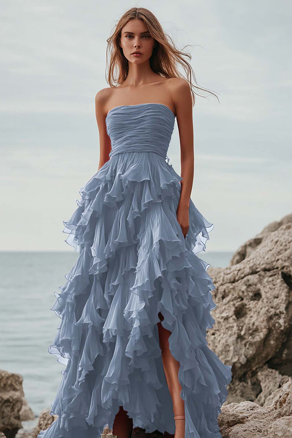 Fuchsia Ruffle A Line Strapless Lange Formele Jurk met Split