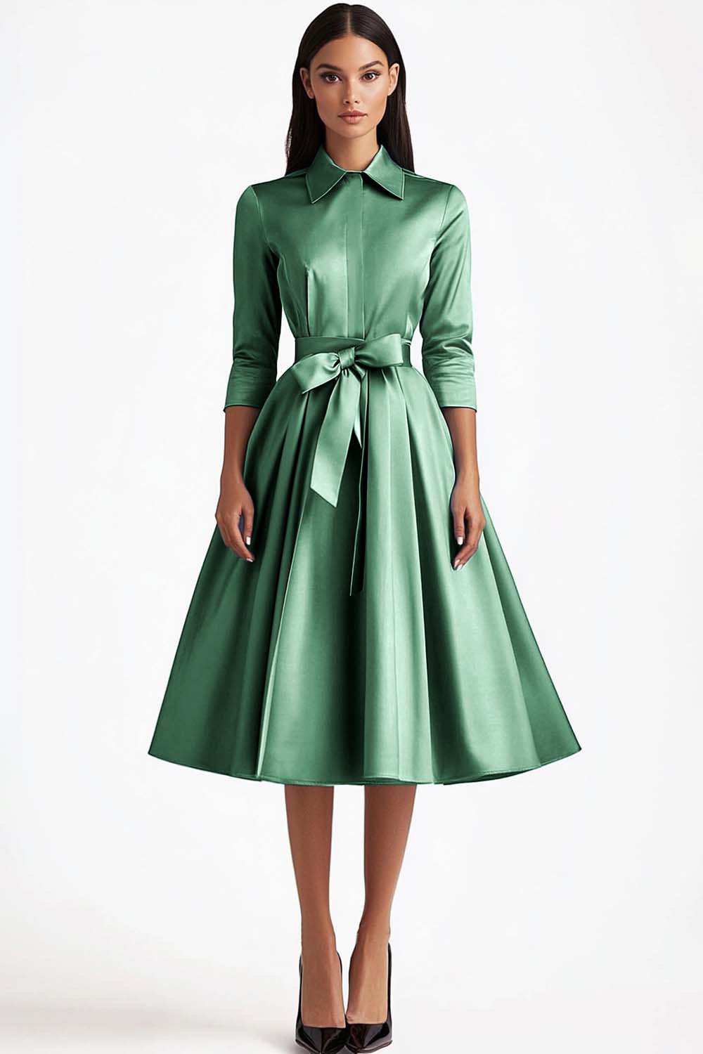 Blauwe A-lijn uitlopende knoopsluitingen aan de voorkant Halflange formele jurk met lange mouwen