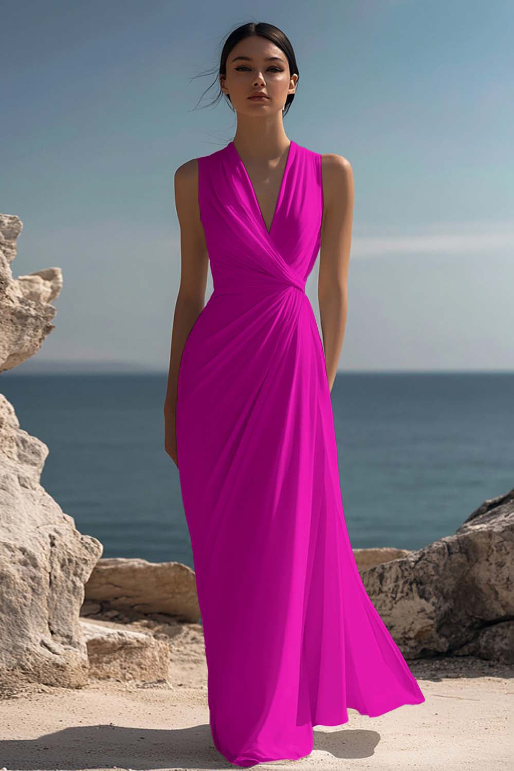 Witte lange formele jurk met V-hals met ruches