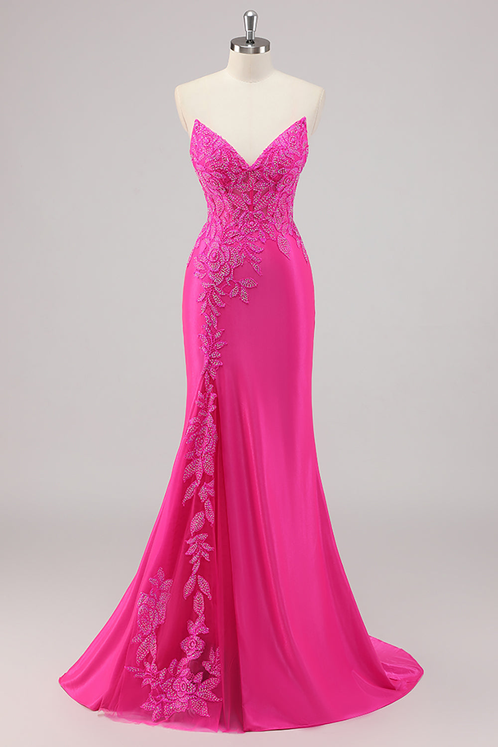 Fuchsia zeemeermin strapless lange kralen galajurk met applicaties