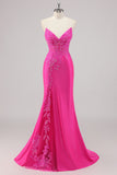 Fuchsia zeemeermin strapless lange kralen galajurk met applicaties