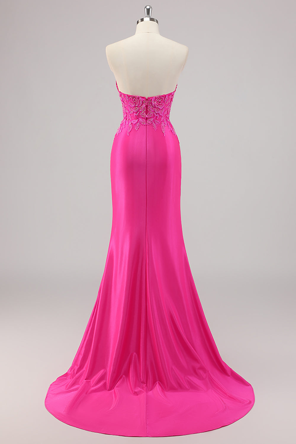 Fuchsia zeemeermin strapless lange kralen galajurk met applicaties