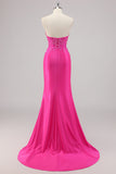 Fuchsia zeemeermin strapless lange kralen galajurk met applicaties