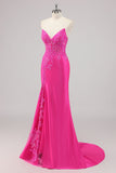 Fuchsia zeemeermin strapless lange kralen galajurk met applicaties