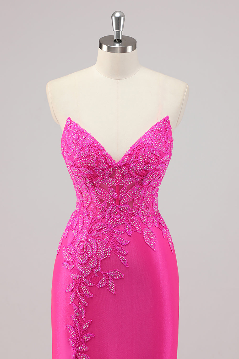 Fuchsia zeemeermin strapless lange kralen galajurk met applicaties
