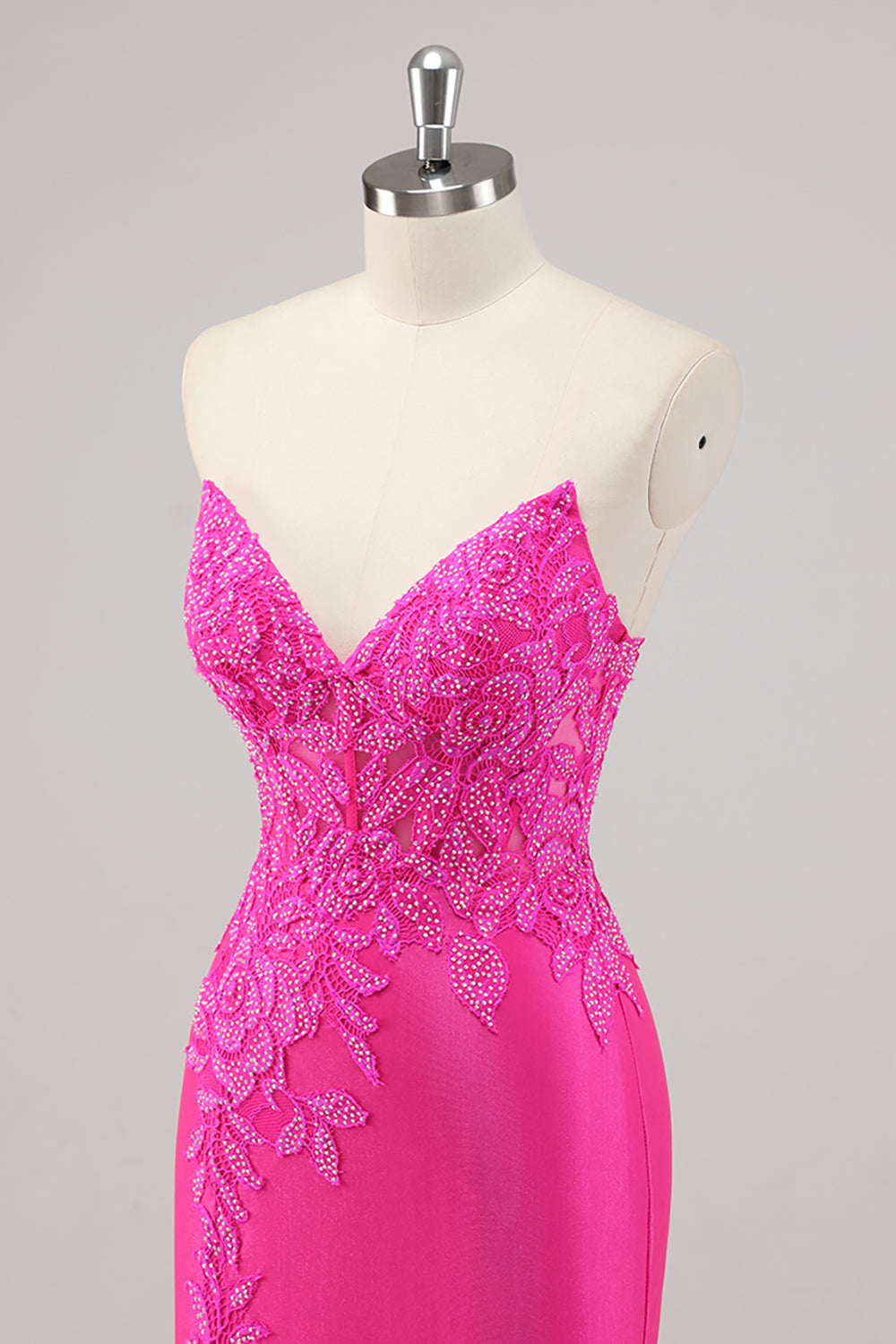 Fuchsia zeemeermin strapless lange kralen galajurk met applicaties