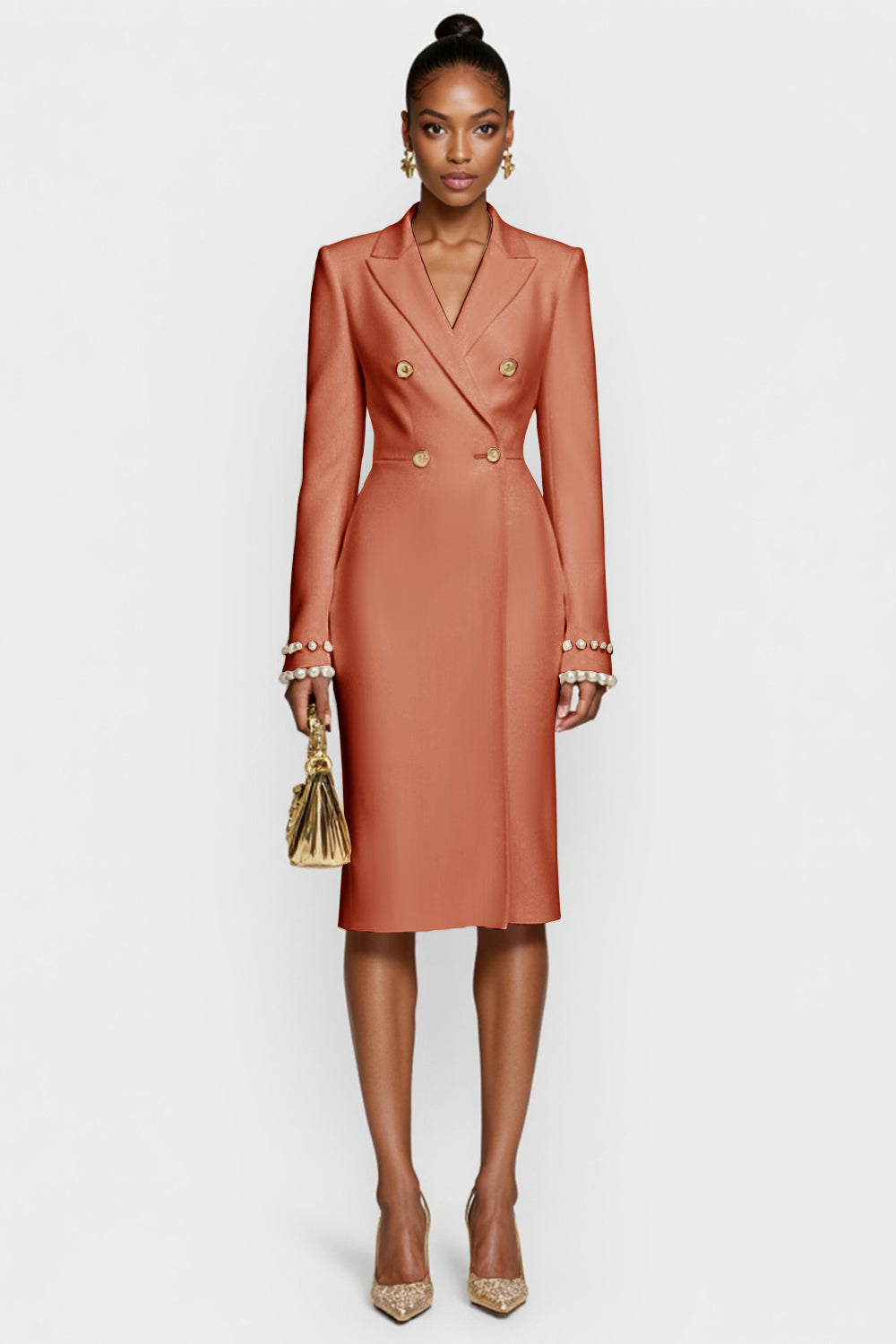 Witte Double Breasted Peak Lapel Bodycon Midi Werkjurk