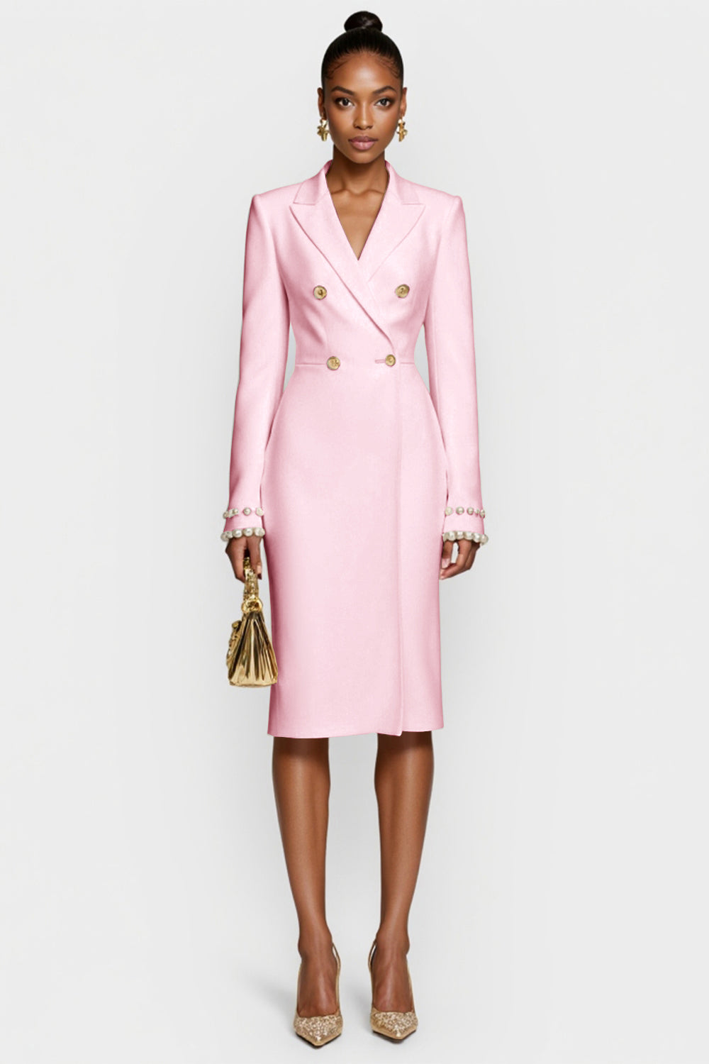 Witte Double Breasted Peak Lapel Bodycon Midi Werkjurk