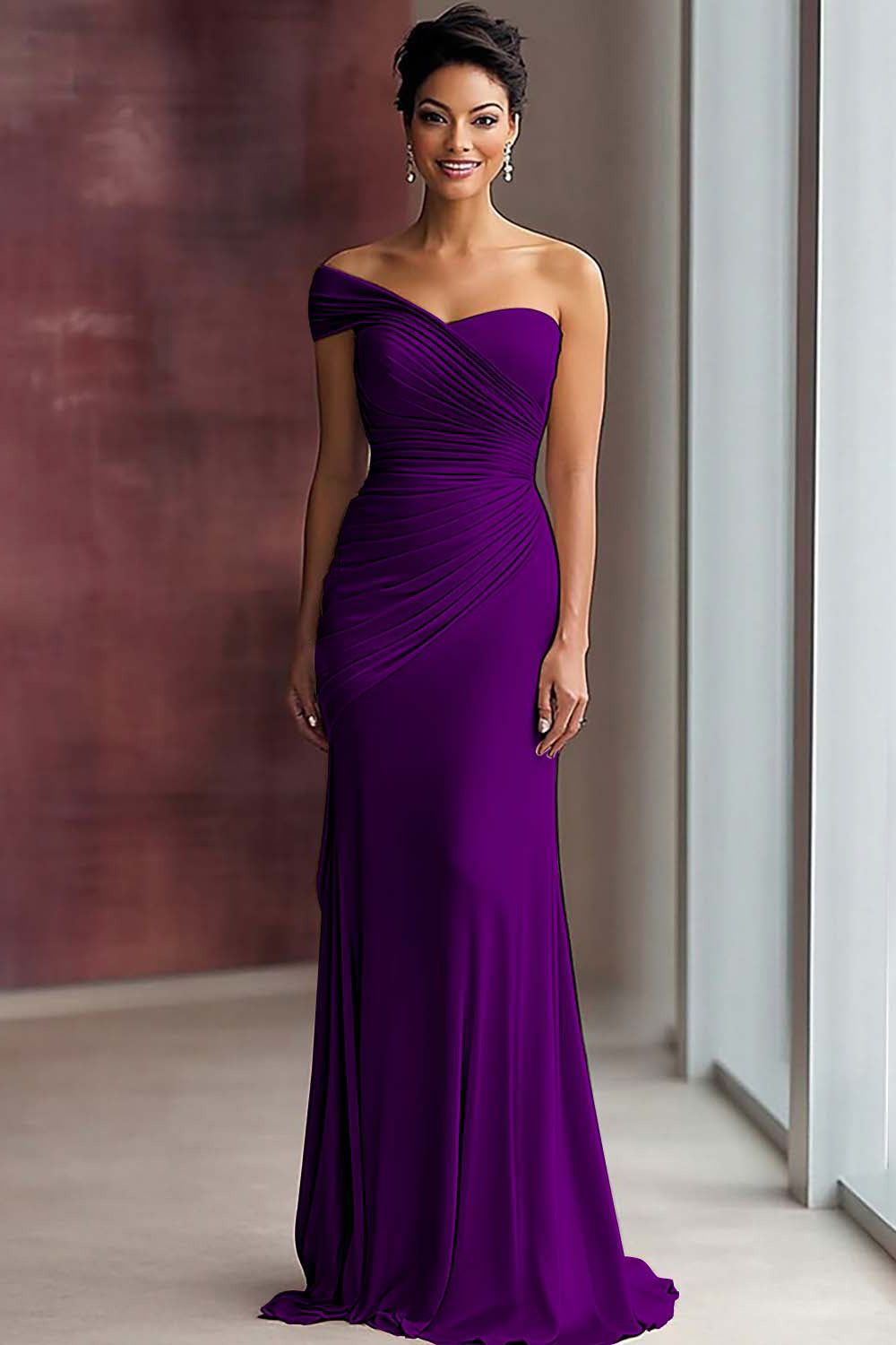 Lichte kaki jersey schede geplooide galajurk met één schouder