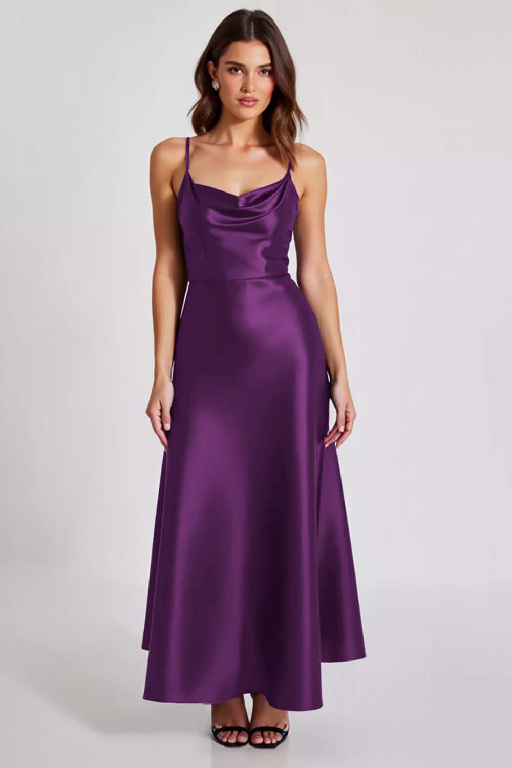 Satijn marineblauwe A-lijn formele jurk met spaghettibandjes