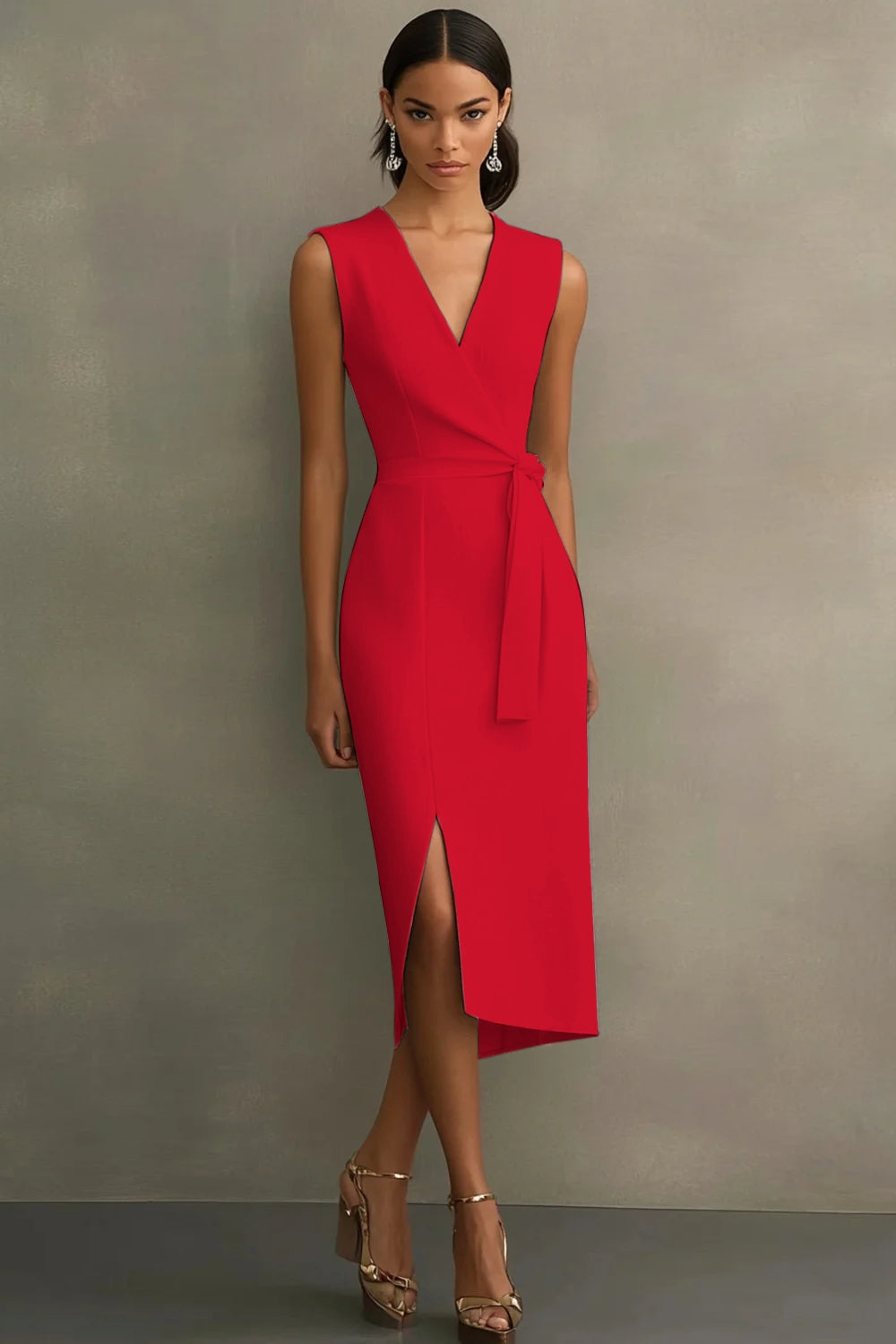 Witte satijnen formele jurk met V-hals en riem