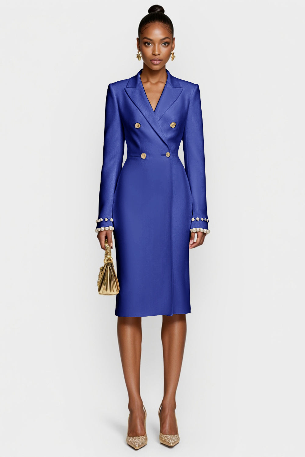 Witte Double Breasted Peak Lapel Bodycon Midi Werkjurk