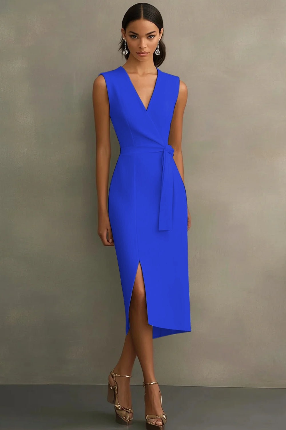 Witte satijnen formele jurk met V-hals en riem