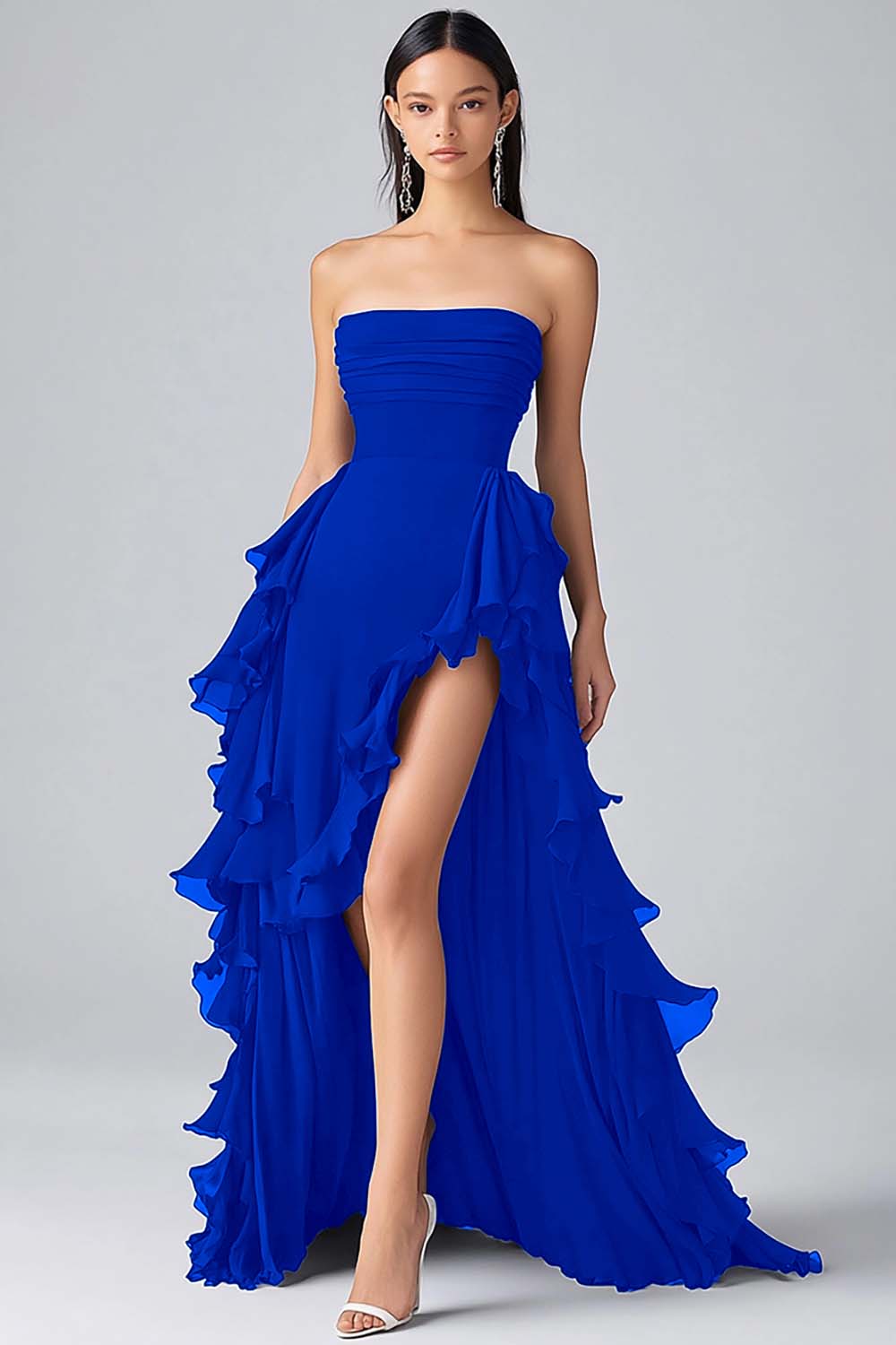 Zwarte A-lijn ruches chiffon gelaagde strapless formele jurk met split