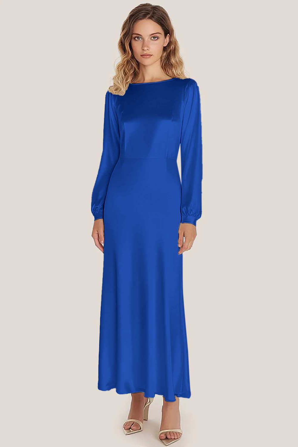 Ivoor Satijn Ronde Hals A-Lijn Enkellengte Formele Jurk met Lange Mouwen