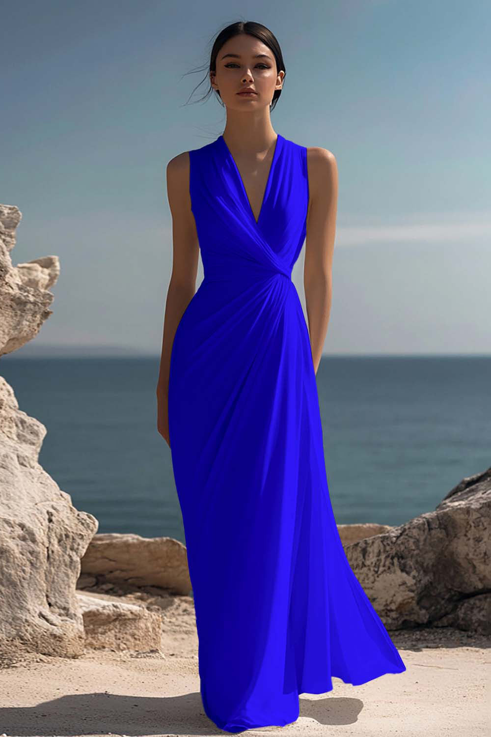 Witte lange formele jurk met V-hals met ruches