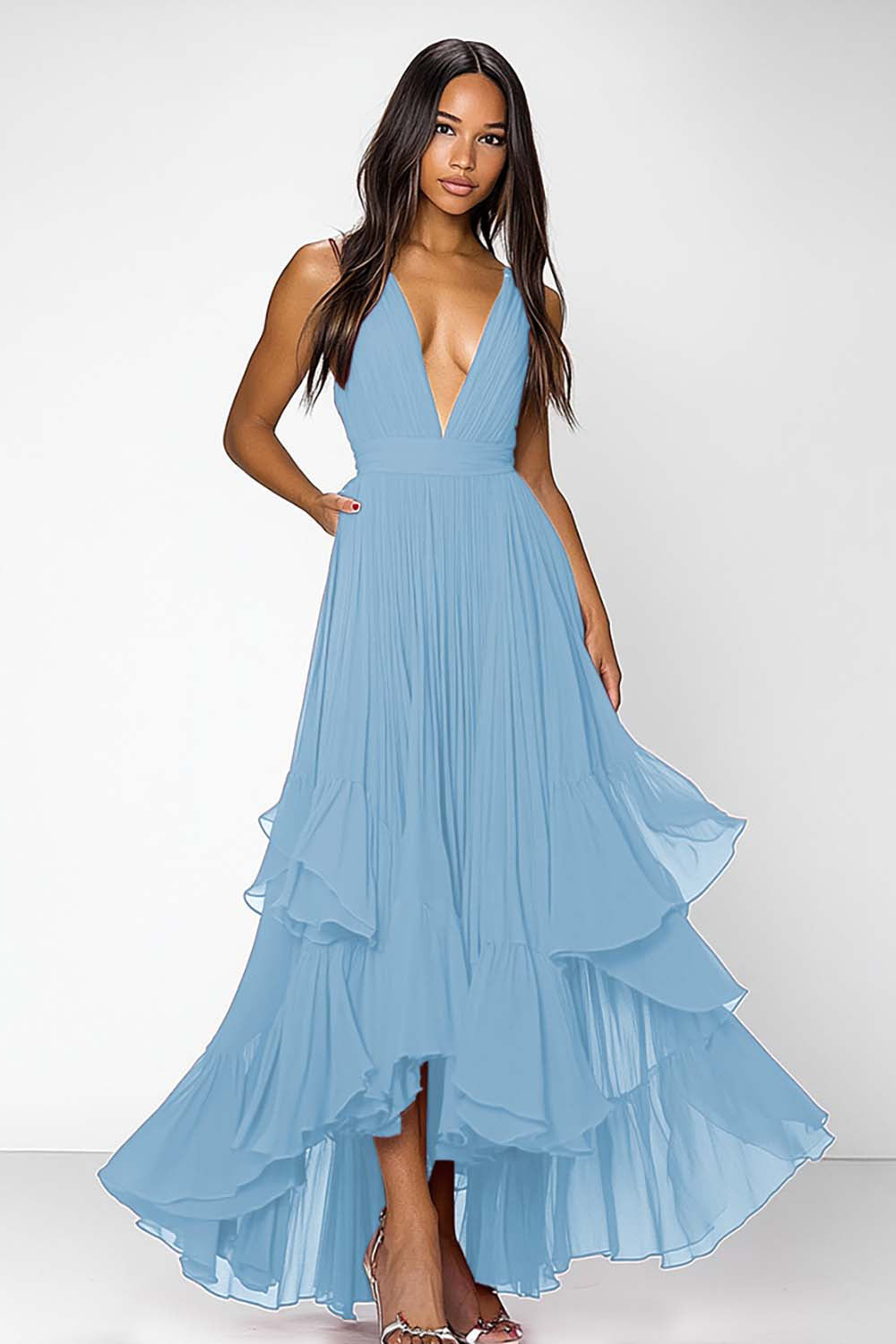 Rode diepe V-hals ruches A Line formele jurk