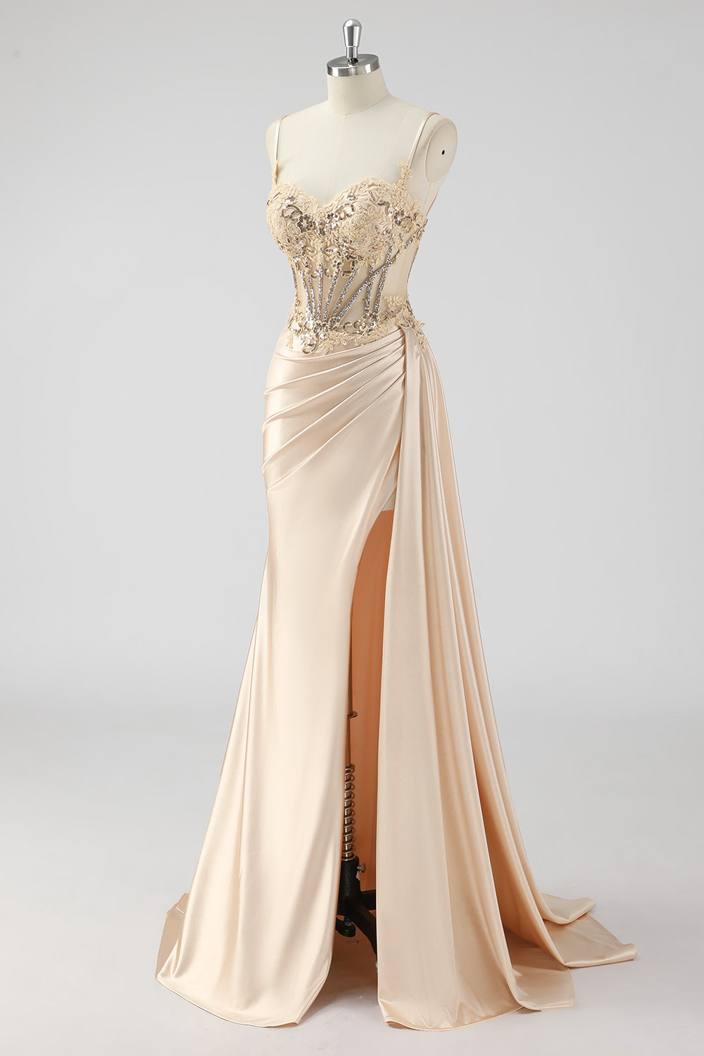 Zilveren zeemeermin geplooide pure lange korset satijnen galajurk met split