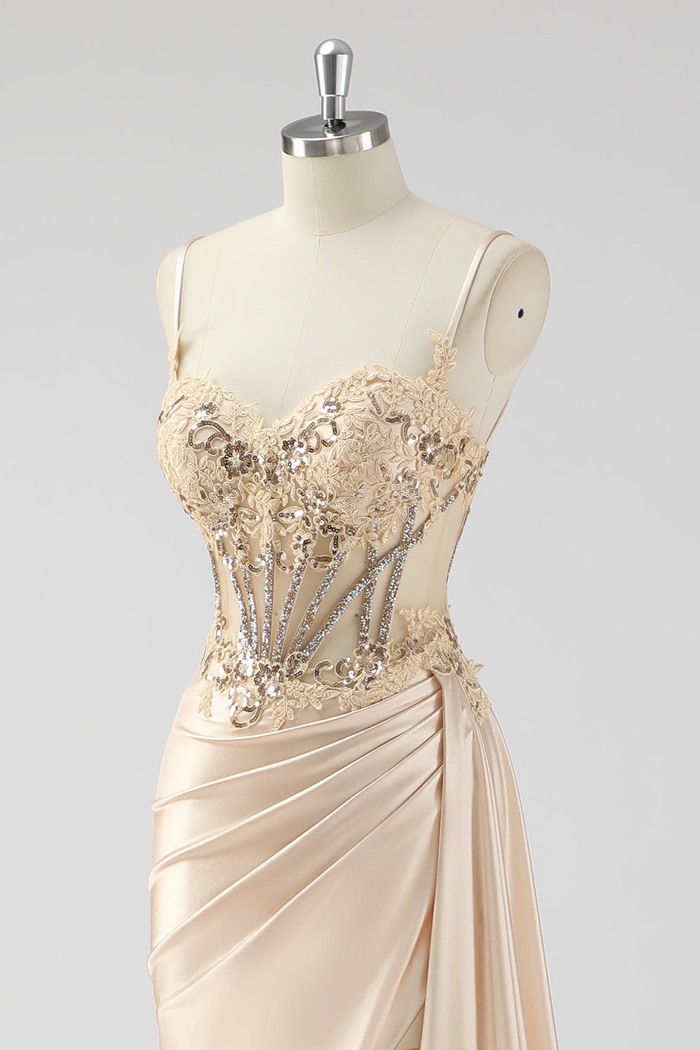 Zilveren zeemeermin geplooide pure lange korset satijnen galajurk met split