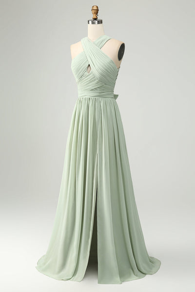 Rode chiffon spaghetti riemen backless a-line bruidsmeisje jurk met spleet
