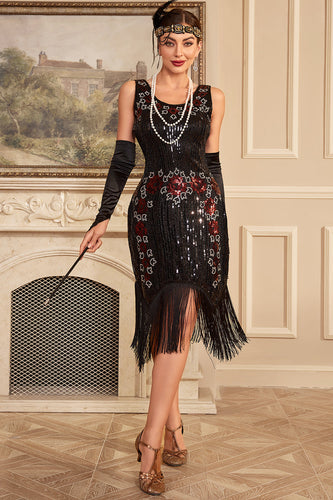 Zwarte mouwloze pailletten jaren 1920 Flapper jurk met franjes