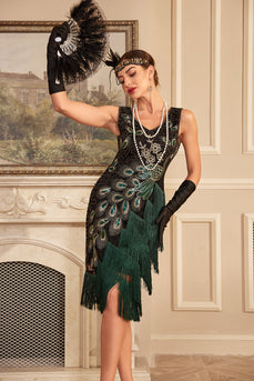 Donkergroene pailletten omzoomde jaren 1920 jurk met accessoires Set