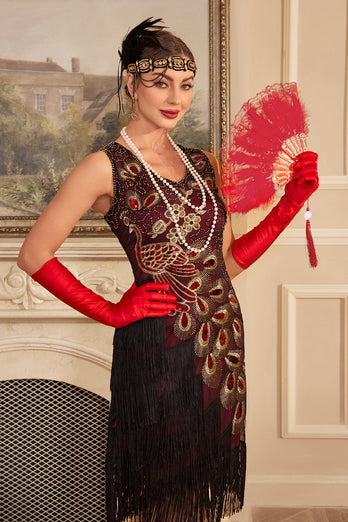 Sprankelende Bourgondië franje pailletten jaren 1920 jurk met accessoires Set