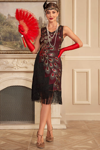 Sprankelende Bourgondië franje pailletten jaren 1920 jurk met accessoires Set