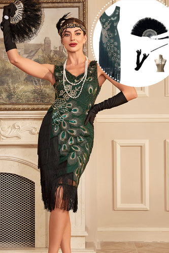 Sprankelende donkergroene gefranjerde kralen jurk uit de jaren 1920 met accessoires Set