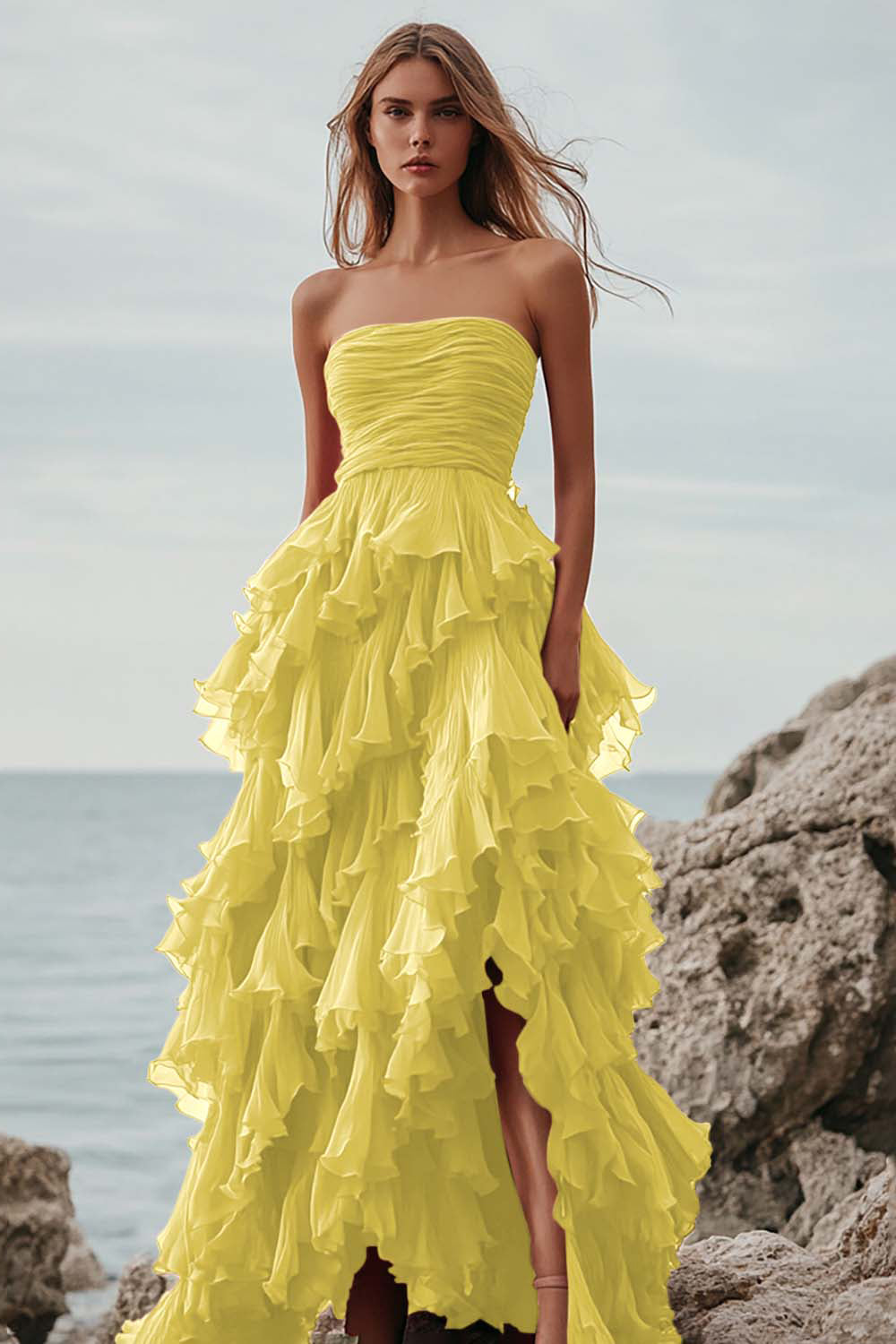 Fuchsia Ruffle A Line Strapless Lange Formele Jurk met Split