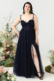 A Line Spaghetti Straps Navy Plus Size Galajurk met Appliques
